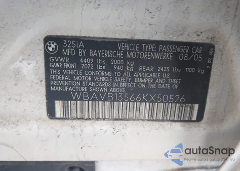 2006 BMW 325I из США, поврежденный, VIN WBAVB13566KX50526